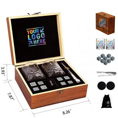 Whiskey Glass With Stainless Steel Ice Stone Wooden Gift Box